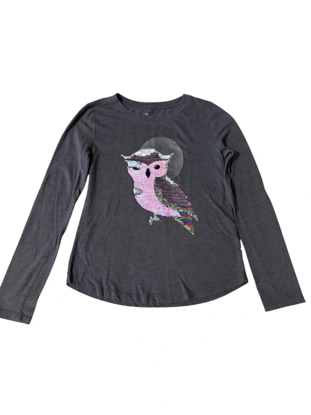 Gap Kids Girls XL 12/14 Gray Flip Sequin Owl Long Sleeve Tee
